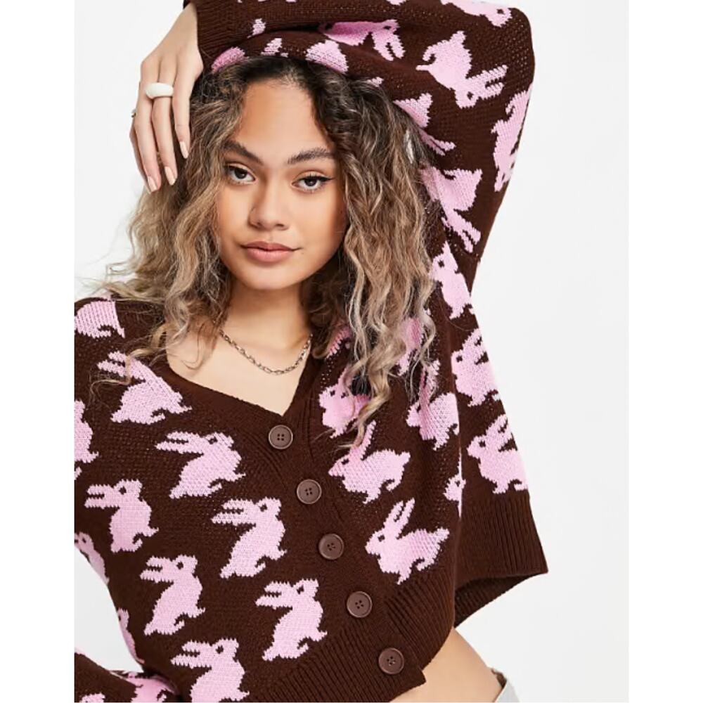 ASOS Design Bunny Rabbit Cardigan Brown Pink Y2K Whimsical